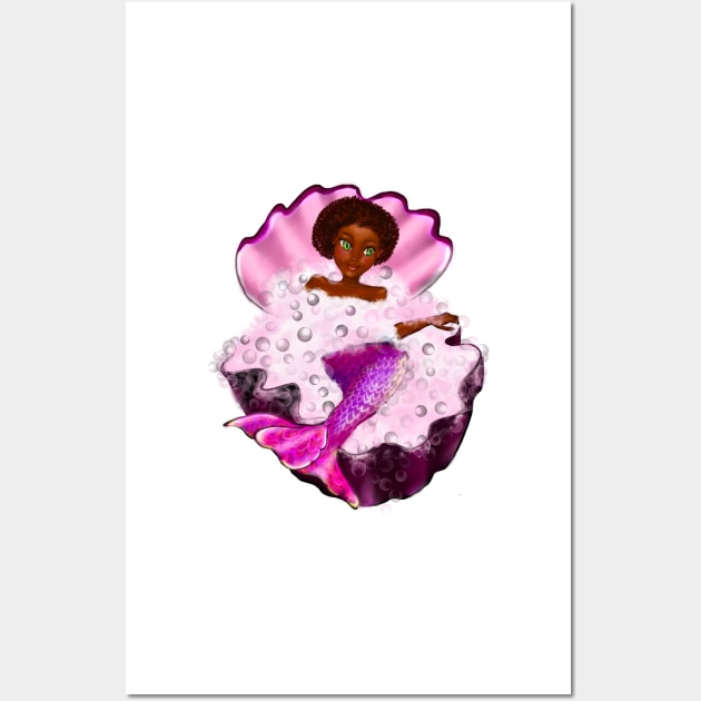 Mermaid spa day in Oyster clam shell - Black anime mermaid in bubble bath. Pretty black girl with Afro hair, green eyes, Cherry pink lips and dark brown skin. Hair love ! Wall Art by Artonmytee